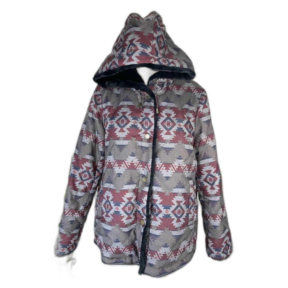 Pendleton Reversible Hooded heavy coat W/S Gray Aztec Print/black fux fur LN - Picture 2 of 16